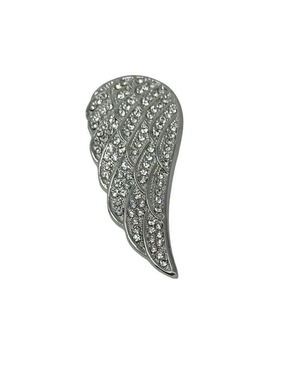 Angel Wing Rhinestone Brooch Pin Magnetic In Silver Tone Metal 2.5 Inch